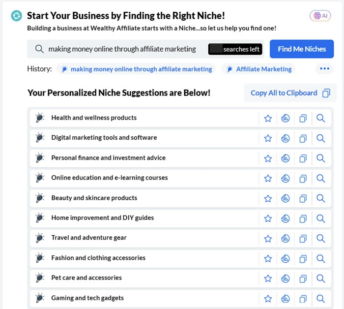 Wealthy Affiliate's Niche Finder AI Tool Available for the Starter Membership through the Premium Plus.